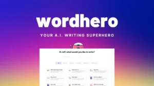 WordHero's logo and some of their services including copywriting, caption and post ideas, etc.