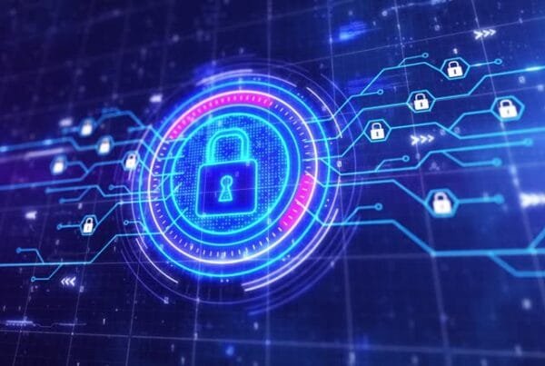 Cybersecurity image of a lock with a neon background